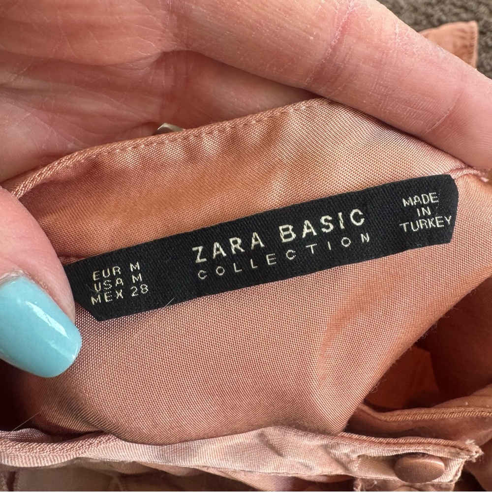 Zara Collection Rose Gold Blush Copper Ruffled Satin Shirt Dress Oversized M - Picture 6 of 11